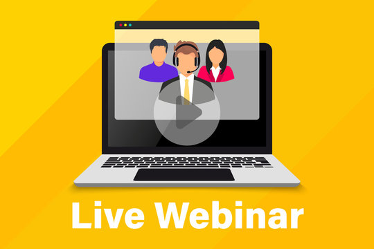 Live Webinar. Online conference. Group of coworkers taking part in video conference. Online technology distance communication. Study education. Team meeting. Online Remote work internet learning