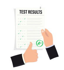 Hand holds an examination sheet with an excellent mark. Testing Success Sign. Good studying. Testing Success. Exam result, grade mark A plus. Thumbs up