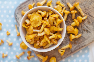 Raw chanterelle mushrooms on wooden background