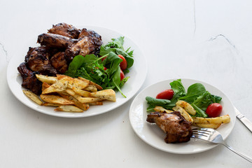Honey Soy Chicken Wing Nibbles with Salad and Potato Chips