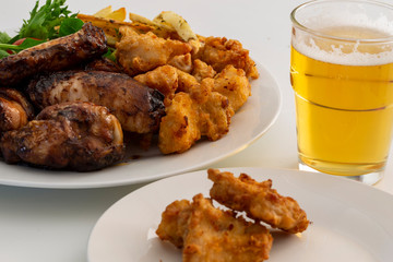 Honey Soy Chicken Wing Nibbles, Fried Chicken, Potato Chips and Beer