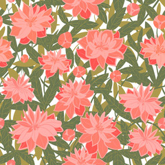Seamless surface floral pattern of pink peonies and green leaves. Branch of pink peony flowers on white background for wedding invitations, cards and stationary design. Hand drawn digital design