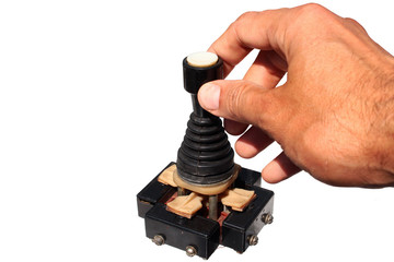 Hand controls joystick made of four push buttons and a handle, isolated against white background