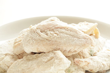 Homemade Korean food, prepared flour and marinated chicken wing for fried chicken cooking