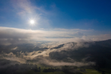 Fototapeta na wymiar forest in the morning fog at sunrise aerial view