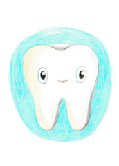 Tooth icon. Cute funny cartoon smiling character. Oral dental hygiene. Children teeth care. Tooth health. Baby background.