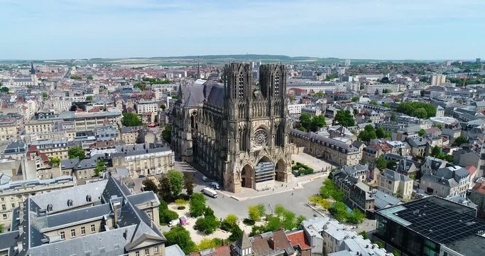 France, Marne, Reims, Aerial view of Notre-Dame de Reims cathedral, listed as World Heritage by UNESCO