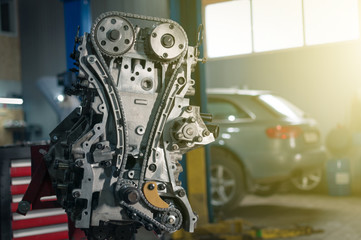 overhaul of the motor. partially disassembled engine in car service