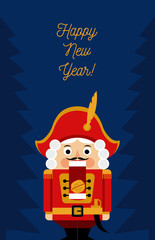 New year greeting card with nutcracker and Christmas trees