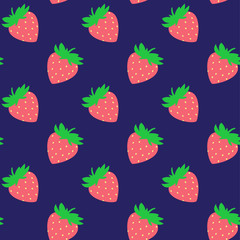 Seamless pattern with red strawberries on dark board. Tasty berry, sweet food illustration. Summer theme. Beautiful print for textile, greeting cards, wrapping paper, decor and design. Jpg file