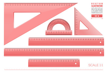 Red plastic transparent measuring rulers set. Triangle rulers, measuring rulers of different sizes and protractor. Collection of millimeter rulers in a scale of 1 to 1. Realistic vector illustration