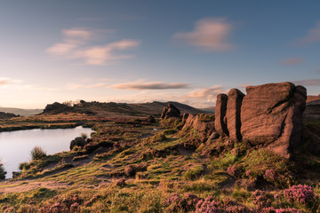 Panoramic view of The Roaches at sunset in the Peak District National Park.