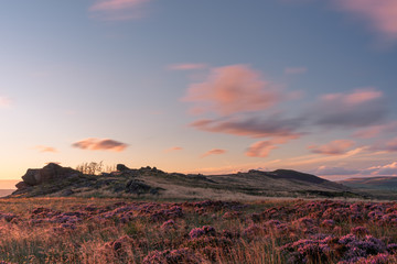 Panoramic view of The Roaches at sunset in the Peak District National Park.