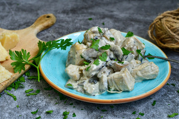 Creamy chicken with mushrooms and parmesan. Home made italian ketogenic meal