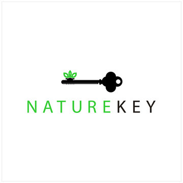 Vintage Skeleton Nature Key silhouette door key with crown green leaf logo design
