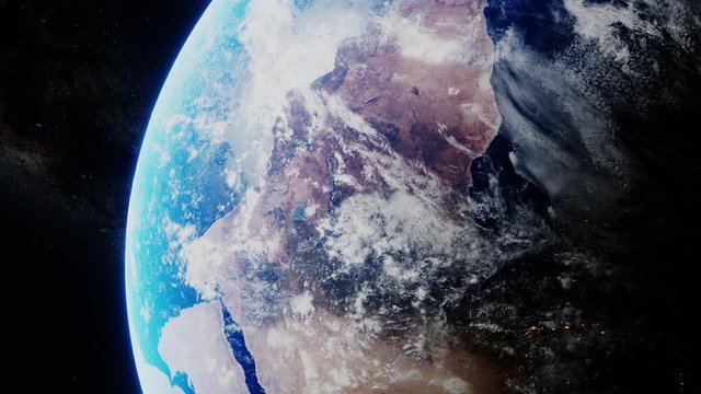 Planet earth from the cosmos close up shot. 3D render animation. NASA images. World globe global environment in stars galaxy cosmos, science universe exploration of atmosphere astronomy