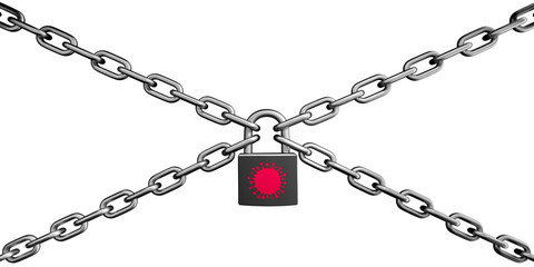 Padlock with Coronavirus Icon an Chain - Lockdown 3D Illustration