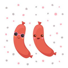 Two Kawaii Sausages Kawaii Characters isolated on white background. Protein rich food vector cartoon illustration. Funny, smiling & happy mascot. Use in menu decoration, shop, fabric print, card.
