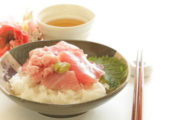 Japanese food, tuna fish maguro on rice with wasabi