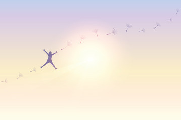jumping girl with dandelion seeds in sunny sky vector illustration EPS10