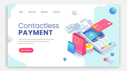 3d internet shopping isometric landing concept. Black friday sale design with shopping cart, bags, gift, NFC payment terminal and credit card. Contactless payments vector for web page, mobile app