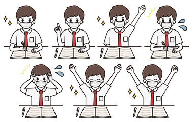 男子学生 マスク 勉強 イラスト セット