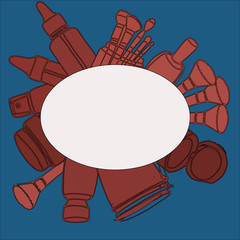 set with jars of cosmetics in pink color with a white background for the inscription in the amount of 10 pieces: a jar with brushes for applying cosmetics, a jar of varnish, a pencil sharpener for cos