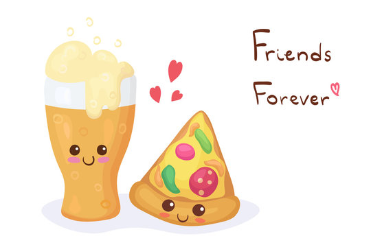 Pizza & Glass Of Beer Kawaii Characters Isolated On White Background. Fast Food Vector Cartoon Illustration. Funny, Smiling & Happy Friends Forever Concept. Use In Menu, Shop, Bar, Card, Stickers.