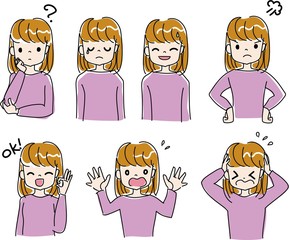 女性表情セットイラスト