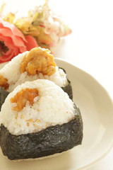 Fried chicken in rice ball for Japanese comfort food