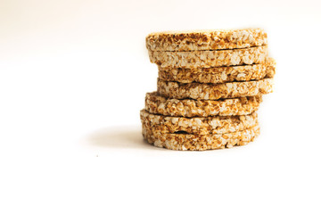 Crunchy bread isolated on a white background, diet crunchy round rice waffles.