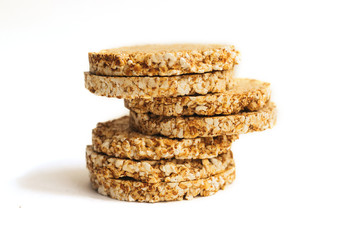 Crunchy bread isolated on a white background, diet crunchy round rice waffles.