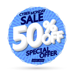 Cyber Monday Sale 50% off, banner design template, discount tag, vector illustration