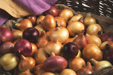 Onions of different varieties: yellow, red, in a basket on a bag, with colored linen napkins hanging on the basket. Vegetable background. Concept of food, farm products.