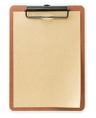 Clipboard with, brown paper, isolated on white. slight page curl. 