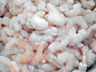 close up of iced shrimps, seafood,