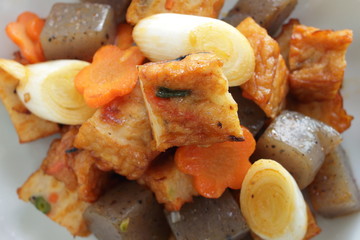 Japanese food, leek and fish cake stir fried with konjac and carrot