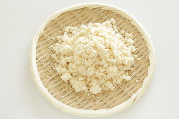 Japanese food ingredient, tofu refuse on bamboo basket