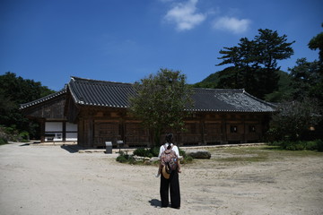 Traditional Buddhist temple building structure.