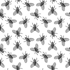 Seamless pattern with Housefly.Vector illustration of an insect on a white background. A Doodle style. Ink drawing of wildlife.Design for textiles, Wallpaper, wrapping paper.