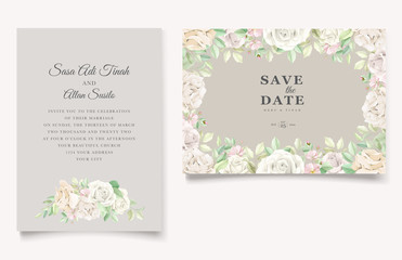 Fototapeta na wymiar Beautiful soft floral and leaves wedding invitation card set