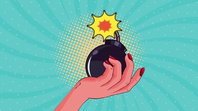 pop art style animation with hand lifting explosive bomb