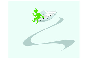 Ufo coming. Friendly alien on his flying saucer. Vector image for illustration.