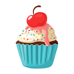Delicious cupcake with cherries and colorful sprinkles.Vector illustration of chocolate muffin with cream isolated on white background.Pastel colors.