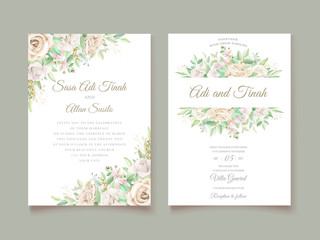 Fototapeta na wymiar Beautiful soft floral and leaves wedding invitation card set