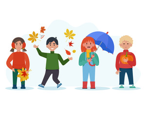 Fototapeta premium Kids in warm clothes with different symbols of autumn. Cute vector illustration in flat style