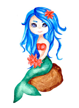 Little mermaid with blue hair. Red lilies in the hands of the little mermaid. Watercolor. Cute girl with long hair. Children's print for girls on mugs, notebooks, albums, posters, notebooks. 