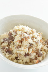 Japanese food, tofu refuse and konnyaku yam jelly simmered with carrot