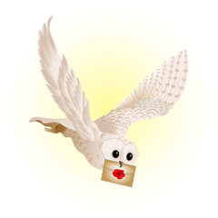 A magical white owl flies and delivers a letter - obrazy, fototapety, plakaty