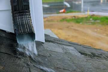 Working gutter on a rainwater dripping from the roof during the rainy season. - obrazy, fototapety, plakaty